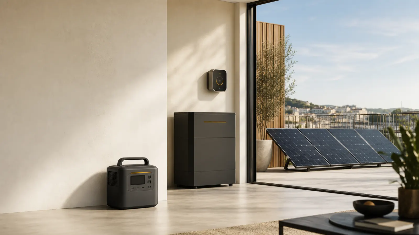 Système énergétique domestique générique avec panneaux solaires, batterie résidentielle et station portable