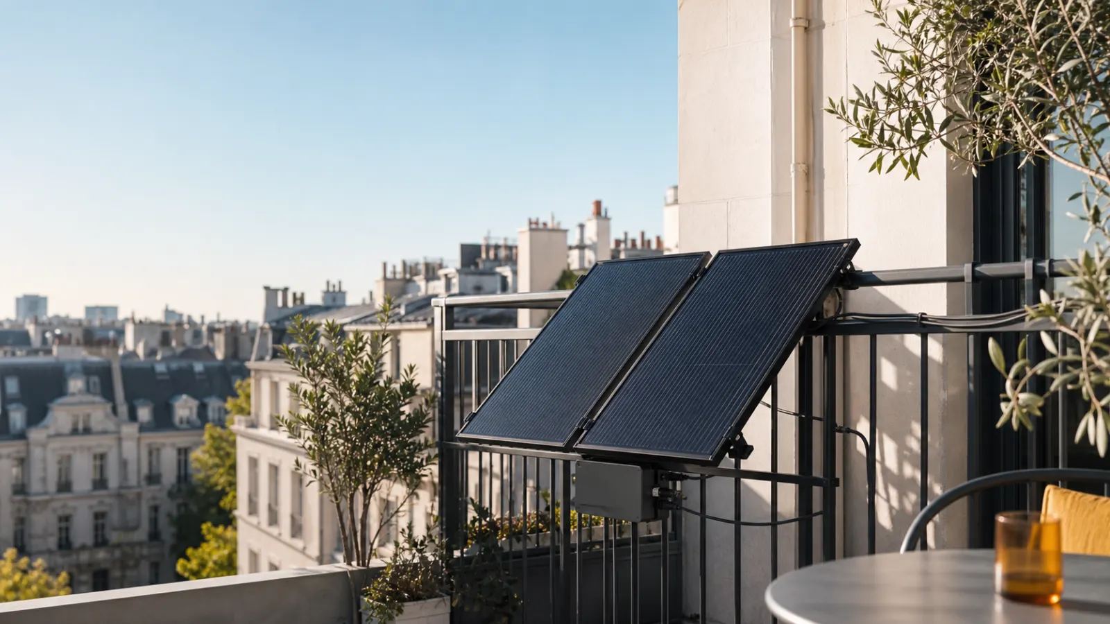Deux panneaux solaires plug-and-play fixés à un balcon urbain ensoleillé