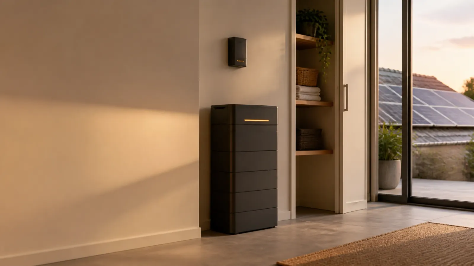 Batterie solaire domestique générique installée dans une pièce ouverte sur des panneaux photovoltaïques en toiture